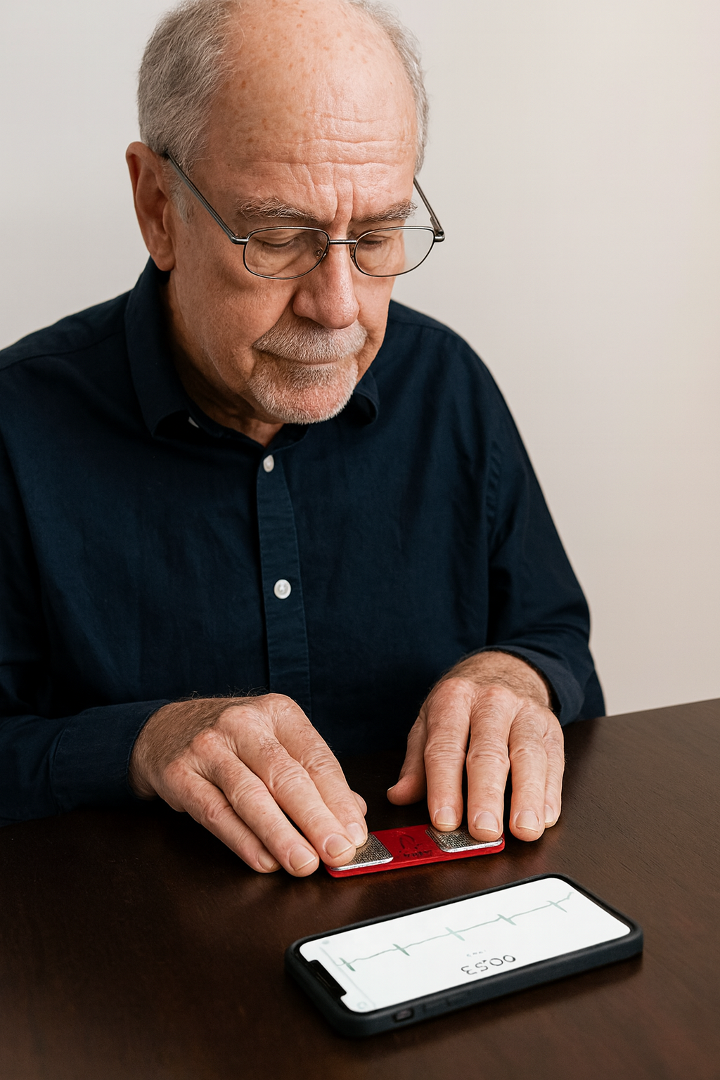 Elderly man measuring heart rhythm with a mobile ECG sensor